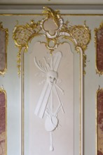 Rococo hall, stucco detail, allegory of the arts