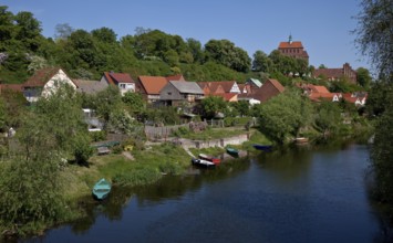 Distant view from the west with moat and houses on Bischofsberg, St., Sankt, Saint