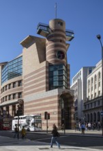 London, Queen Victoria Street. Postmodern head-end building on Queen Victoria Street designed by