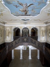 Staircase with ceiling painting: angel with trumpet and flying hourglass