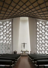 Built in 1963 by Walter and Rainer Blaich, view to the altar, wooden ceiling in the shape of a