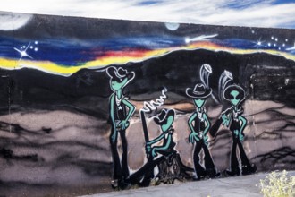 Mural with aliens, E.T. Fresh Jerky Shop, Extraterrestrial Highway, Rachel, Nevada, USA, North