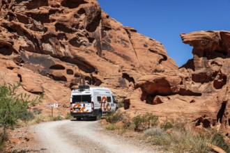 Motorhome at Atlatl Rock Campground, Valley of Fire State Park, Nevada, USA, North America