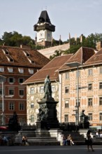 Archduke Johann fountain, Luegghaus, clock tower above