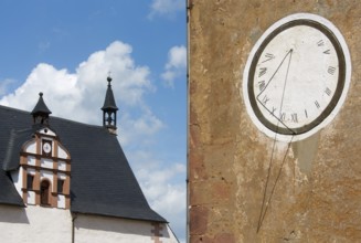 Monastery church from the south-east, in front of it sundial on the abbey house, St., Sankt, Saint