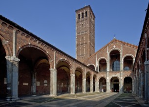 Italy Milan Milan Church of San Ambrogio 12th century Atrium inside m Campanile dei Canonici right