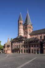 Mainz, St Martin's Cathedral, north side with baroque houses and market fountain