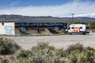 Motorhome in front of the E.T. Fresh Jerky Shop, Extraterrestrial Highway, Rachel, Nevada, USA,