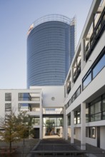 Schürmann Building, headquarters of the Deutsche Welle broadcaster, with the Post Tower in the