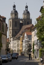 Sachs-Anh Wittenberg town church. Towers seen from the east from Mittelstraße. Built in 1187,