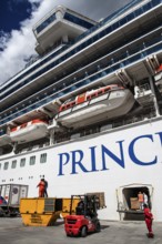 Cruise ship Sapphire Princess being loaded, harbour of Ushuaia, Argentina, South America