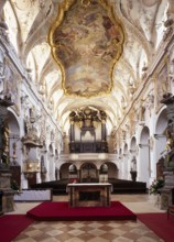 View from the choir, through the nave to the baroque organ, modified by Egid Quirin Asam, St.,