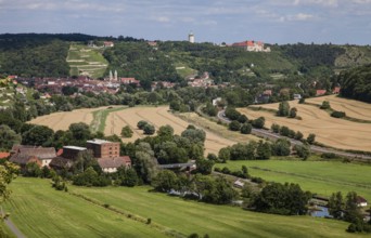 Freyburg Unstrut town view. From the west in front water mill Zeddenbach above town Freyburg with