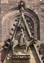 Worms, St Peter's Cathedral, Gothic south portal, female figure riding a fantasy animal