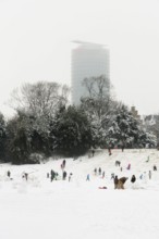 Düsseldorf, Hofgarten in the snow with tobogganists