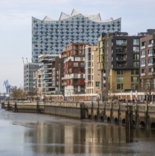 Hamburg, Elbphilharmonie, distant view from the east over the Sandtor harbour, designed by Herzog &