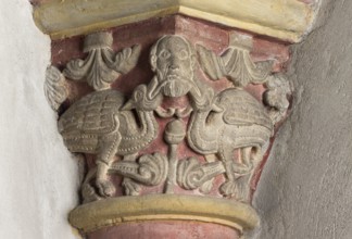 Brauweiler near Pulheim, St Nicholas Abbey Church, choir, capital, two fantasy birds and mask