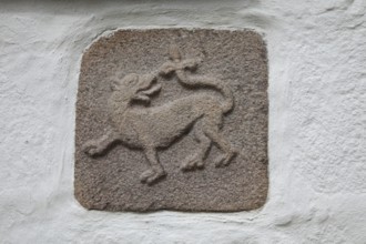 DNK, Langeland, Skroebelev, village church, ca. 12th century, Exteriör, granite sculpture, south