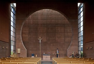 Disc-shaped portal façade, interior with omega motif, 1997-98 by Peter Böhm and Christopher