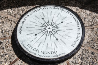 Monument to the explorers with compass rose, Ushuaia, Argentina, South America