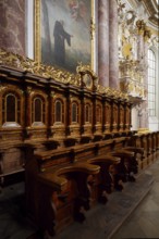 Northern choir stalls. Baroque monastery church from 1766, St., Sankt, Saint