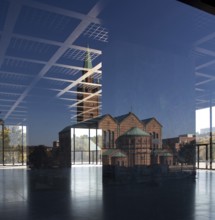 1965-68 by Mies van der Rohe, view into the main hall with reflection of the Matthäikirche and view