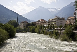 Italy S-Tyrol Merano. View over the river Adige in the urban area on the right houses on the Passer