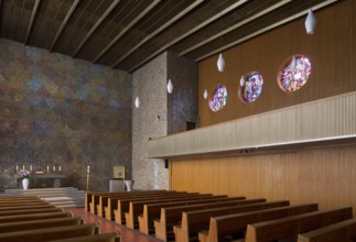 Built in 1957 by Ludwig Lemmer, view to the altar with wall mosaic, St., Sankt, Saint