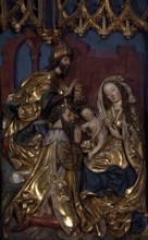 Main altar by Veit Stoß 1477-1489, lower left wing: Adoration of the Magi, St., Saint, Saint