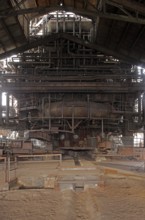 Former Thyssen AG steelworks, tapping hall at blast furnace 5 with tapping hole, drilling machine