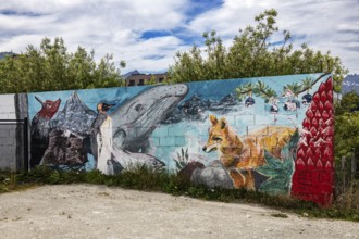 Wall painting with whale and fox, Ushuaia, Argentina, South America