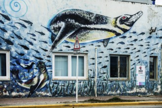 Mural with penguins and seals, harbour of Ushuaia, Argentina, South America