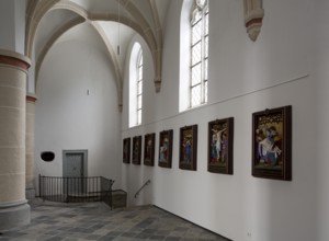 North aisle, view to the west with the Stations of the Cross and exit to the crypt, St, Saint,