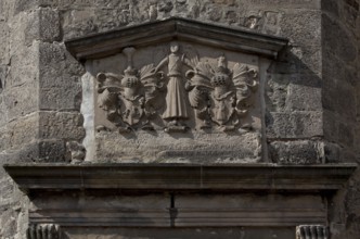 Ampfurth, stair tower. Detail of double coat of arms. Bördekreis stair tower of the Ren. castle,