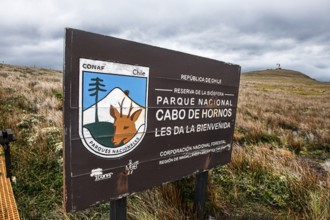 Cabo de Hornos National Park sign, Cape Horn, southernmost point of South America, Hornos Island,