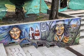 Mural depicting the cultural heritage of the Aonikenk and Kaweshar ethnic groups, Puerto Natales,