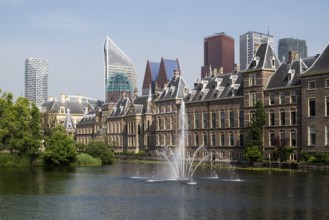 View of the Binnenhof, with the skyscraper skyline behind it