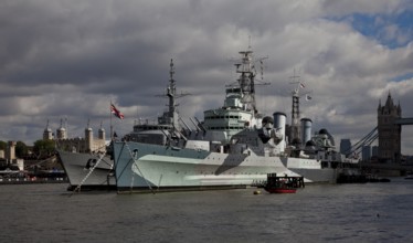 In service 1939-1964, permanent berth on the Thames, Tower on the left, Tower Bridge on the right