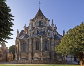 Built 1145-1235, choir exterior view with 18th century additions, ruins of the bishop's chapel on