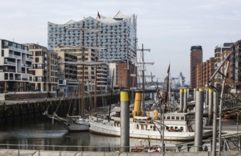 Hamburg, Elbphilharmonie, distant view from the east over the Sandtor harbour, designed by Herzog &