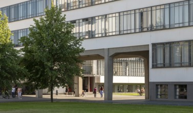 Dessau, Bauhaus, bridge of the administration wing, view to the entrance of the workshop wing