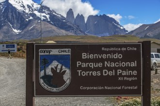 Entrance sign to Torres del Paine National Park, Patagonia, Chile, South America