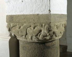 Interior in Perschen with Romanesque column capital, St., Sankt, Saint