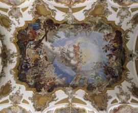 Landsberg am Lech, baroque Fialkirche Hl. Kreuz, ceiling fresco in the nave. Theme: The discovery