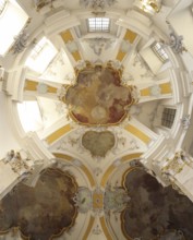 Vault of the northern transept arm. The Vierzehnheiligen Basilica near Bad Staffelstein in the