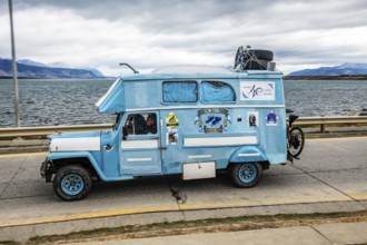 Campervan in the colours of Argentina, Puerto Natales, Patagonia, Chile, South America