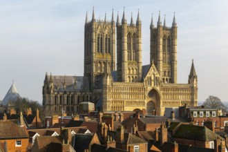 West frontage of Lincoln cathedral church viewed from castle walls, city of Lincoln, Lincolnshire,