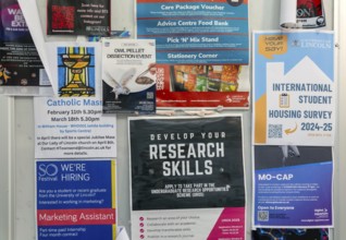 Student information noticeboard, University of Lincoln, Lincoln, Lincolnshire, England, UK