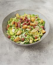 Brussels sprouts Caesar salad, with bacon and croutons, healthy food, homemade, no people