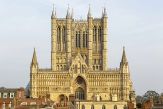 West frontage of Lincoln cathedral church viewed from castle walls, city of Lincoln, Lincolnshire,